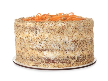 Photo of Dish with delicious carrot cake on white background