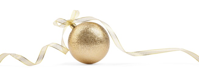 Photo of Beautiful golden Christmas ball with ribbon isolated on white