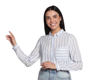 Beautiful young woman on white background. Weather forecast