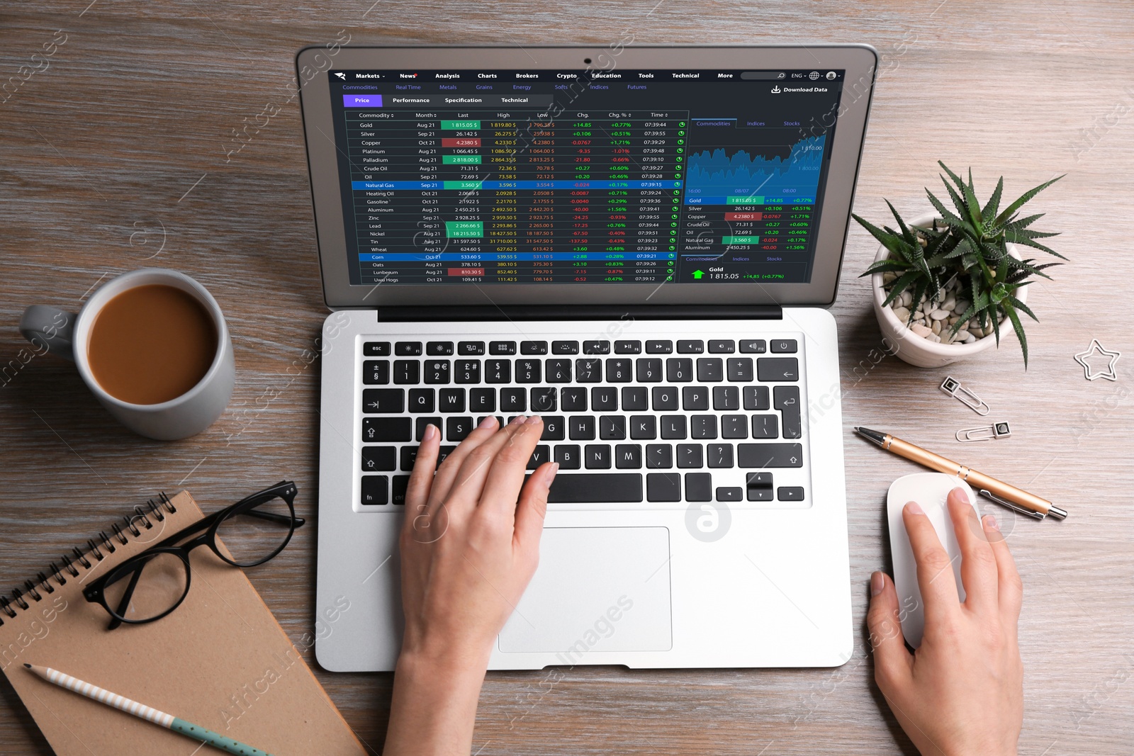 Image of Woman analyzing electronic trading platform on laptop at wooden table, top view. Stock exchange