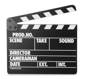 Photo of Clapper board isolated on white. Cinema production