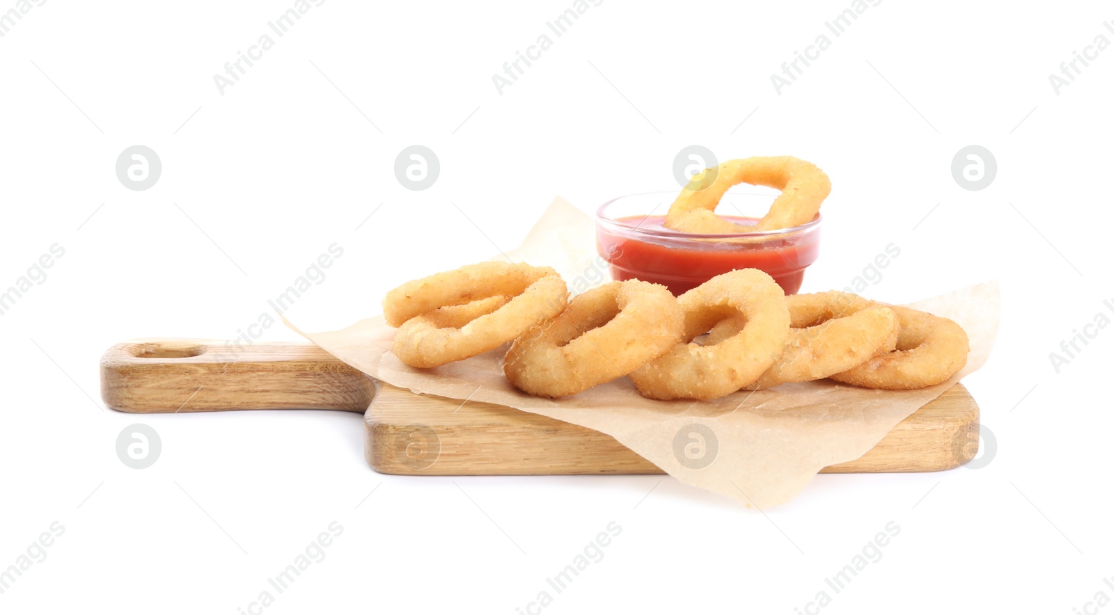 Photo of Delicious onion rings and ketchup isolated on white