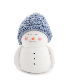 Photo of Cute decorative snowman in blue hat isolated on white