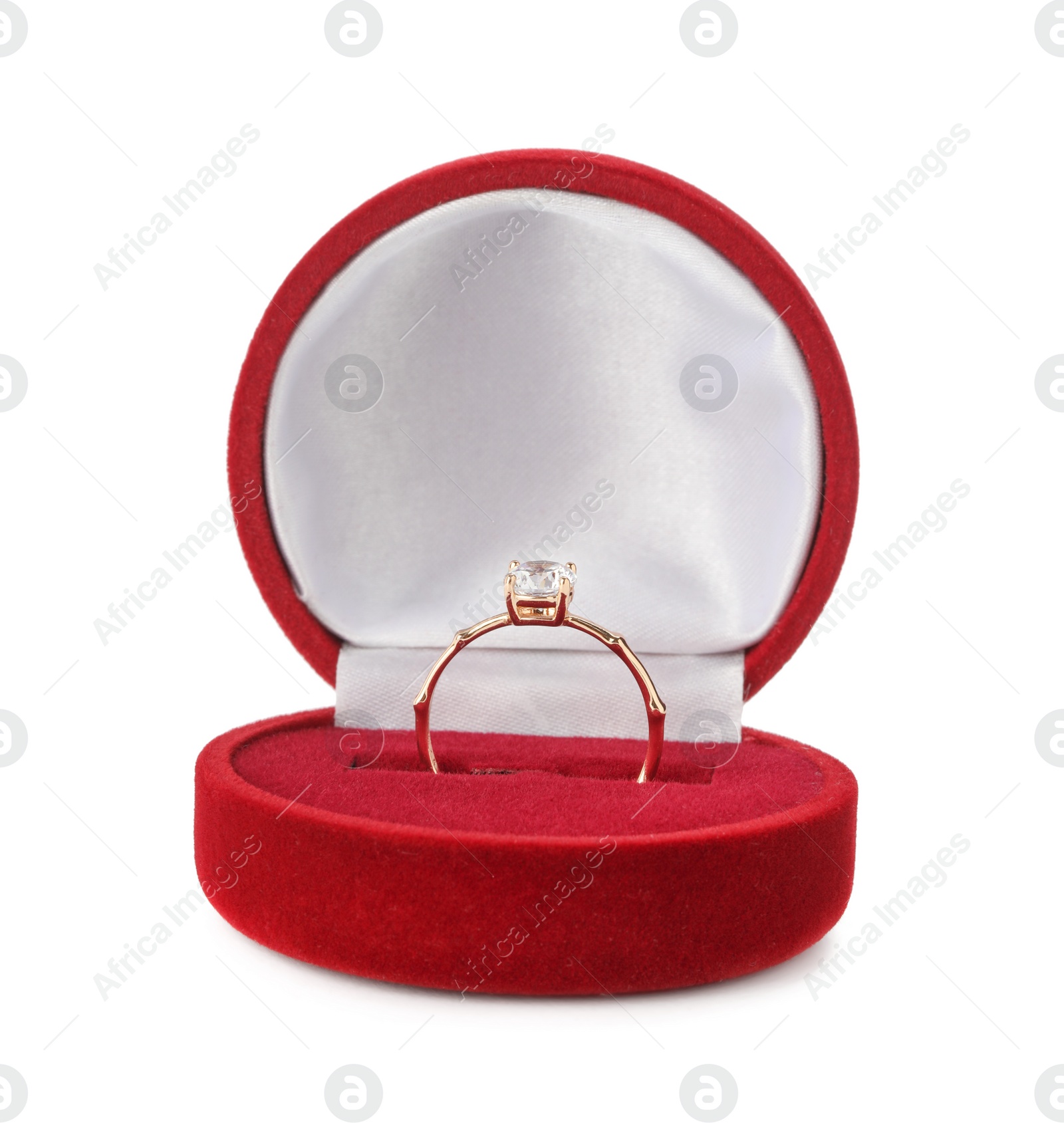 Photo of Beautiful engagement ring with gemstone in box isolated on white