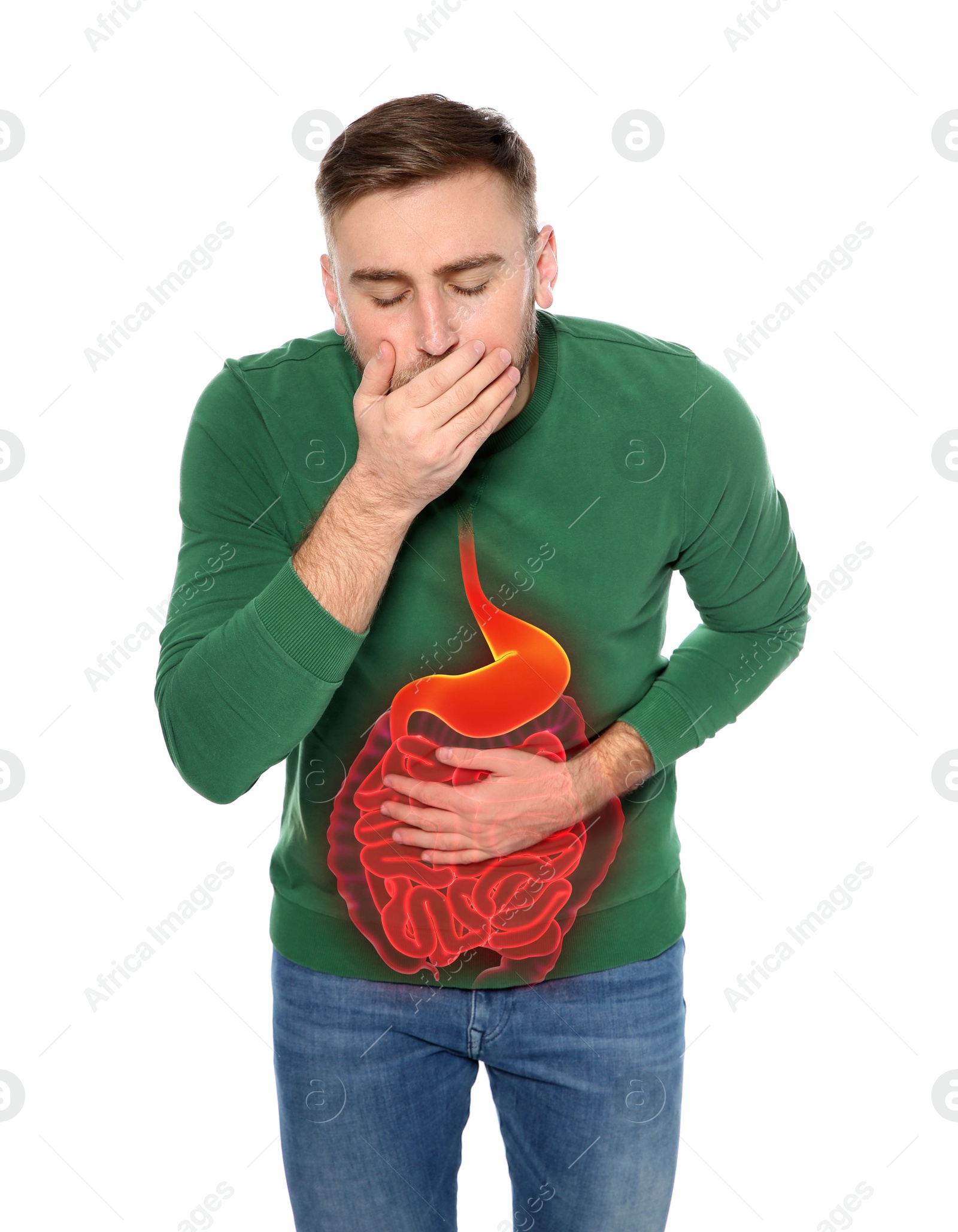 Image of Young man suffering from stomach pain and nausea isolated on white