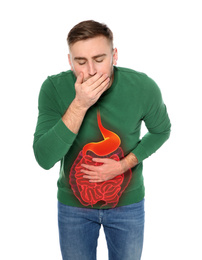 Young man suffering from stomach pain and nausea isolated on white