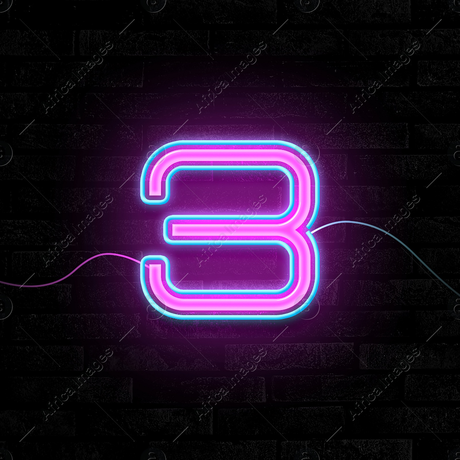 Image of Glowing neon number 3 sign on brick wall