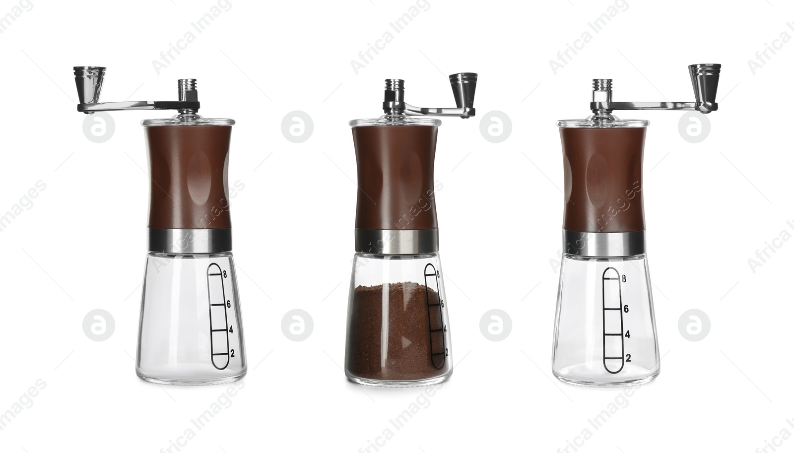 Image of Set with manual coffee grinders on white background 