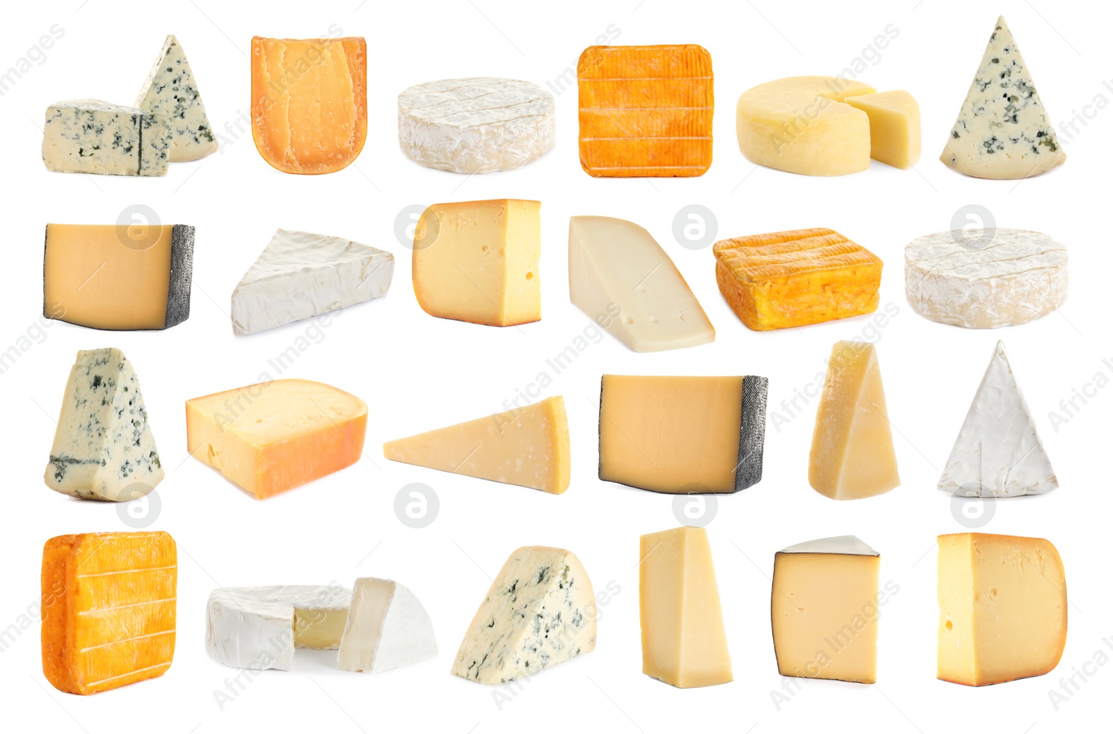 Image of Set with different sorts of cheese on white background