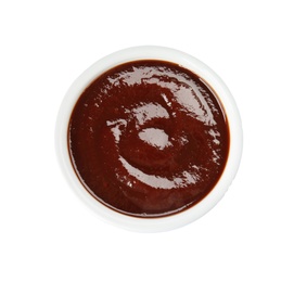 Photo of Bowl of barbecue sauce on white background, top view