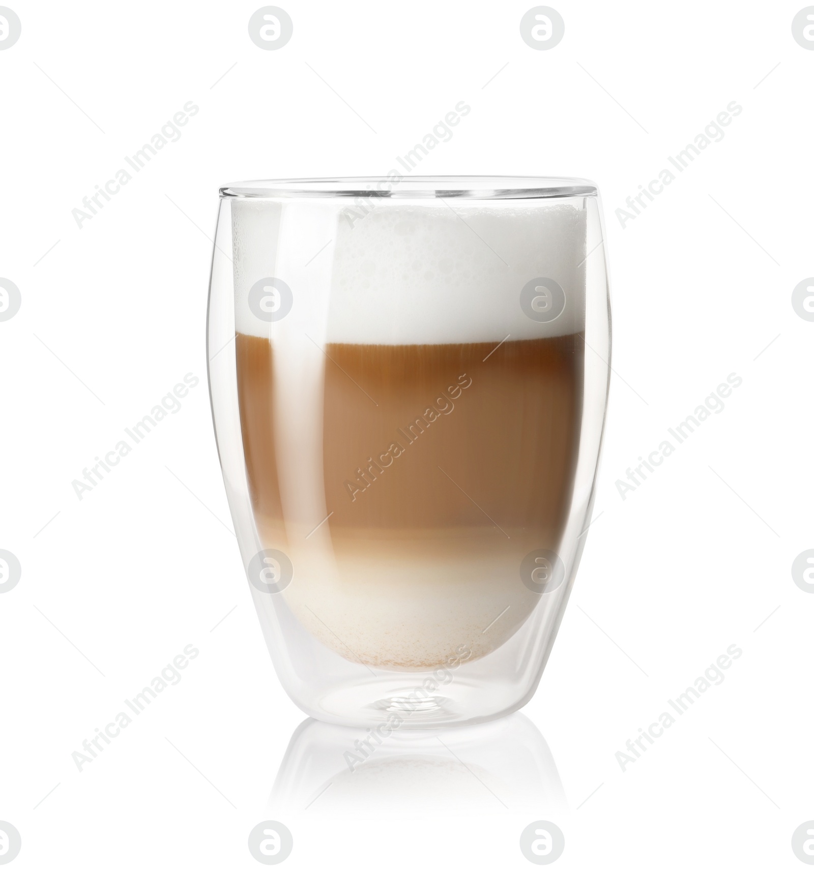 Photo of Hot coffee with milk in glass isolated on white