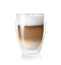 Photo of Hot coffee with milk in glass isolated on white