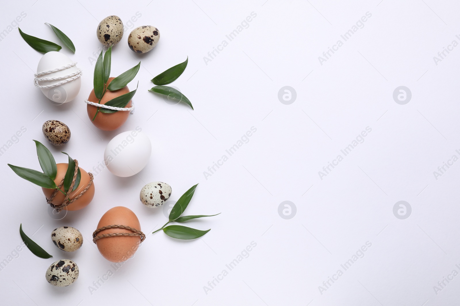 Photo of Easter eggs decorated with green leaves on white background, flat lay. Space for text