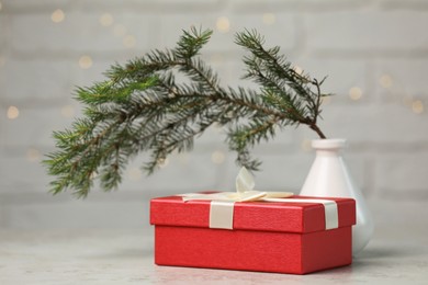 Beautiful gift box and vase with spruce tree on light grey table