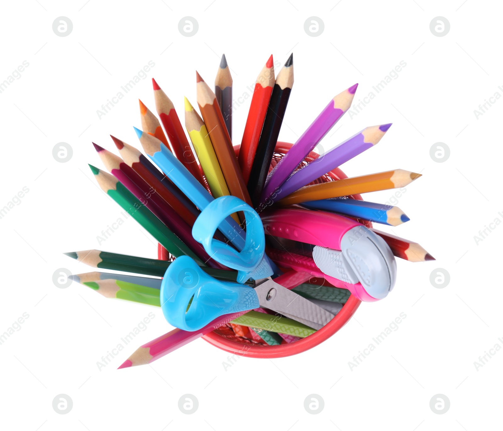 Photo of Pink holder with different school stationery on white background, top view