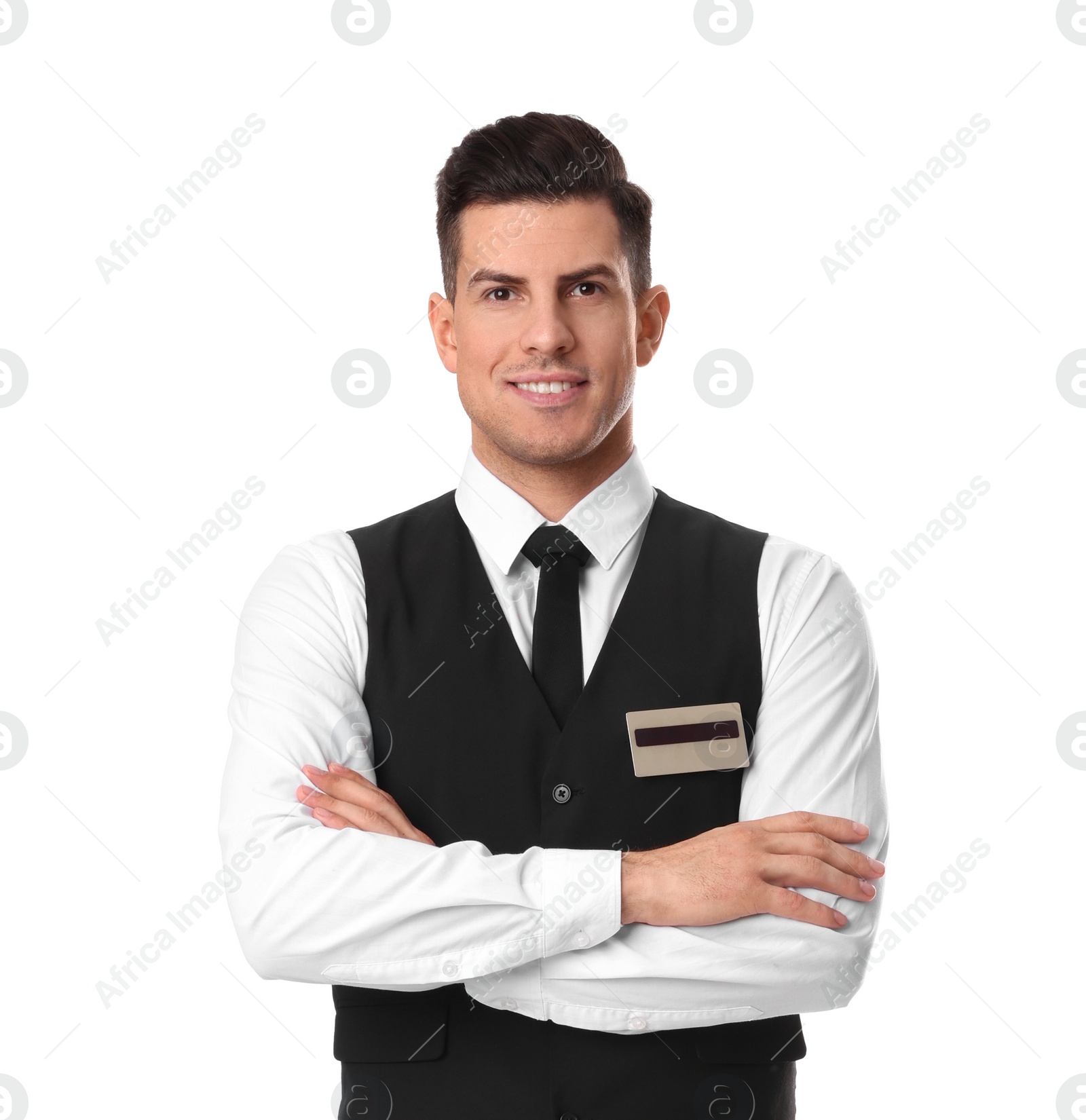 Photo of Portrait of happy receptionist in uniform on white background