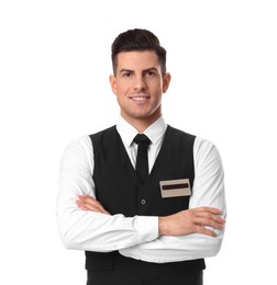 Portrait of happy receptionist in uniform on white background