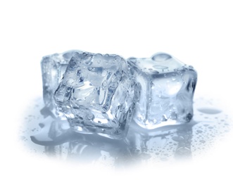 Crystal clear ice cubes on white background