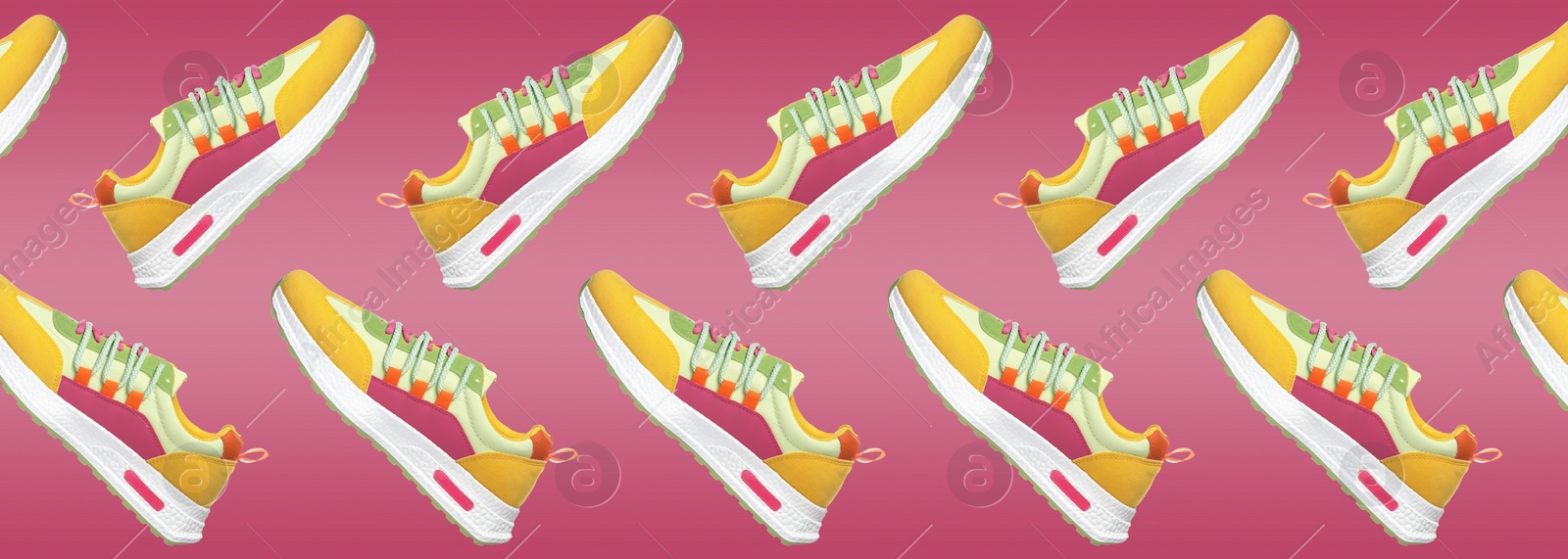 Image of Collage of bright stylish sneakers on pale red background. Banner design