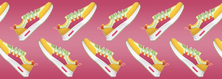 Image of Collage of bright stylish sneakers on pale red background. Banner design