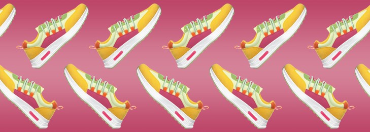 Collage of bright stylish sneakers on pale red background. Banner design