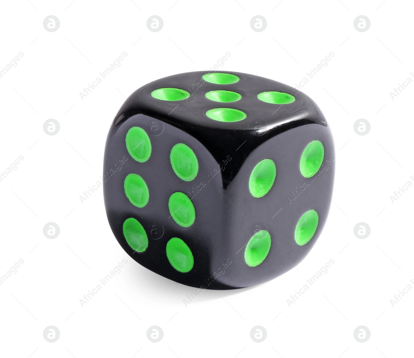 Photo of One black game dice isolated on white