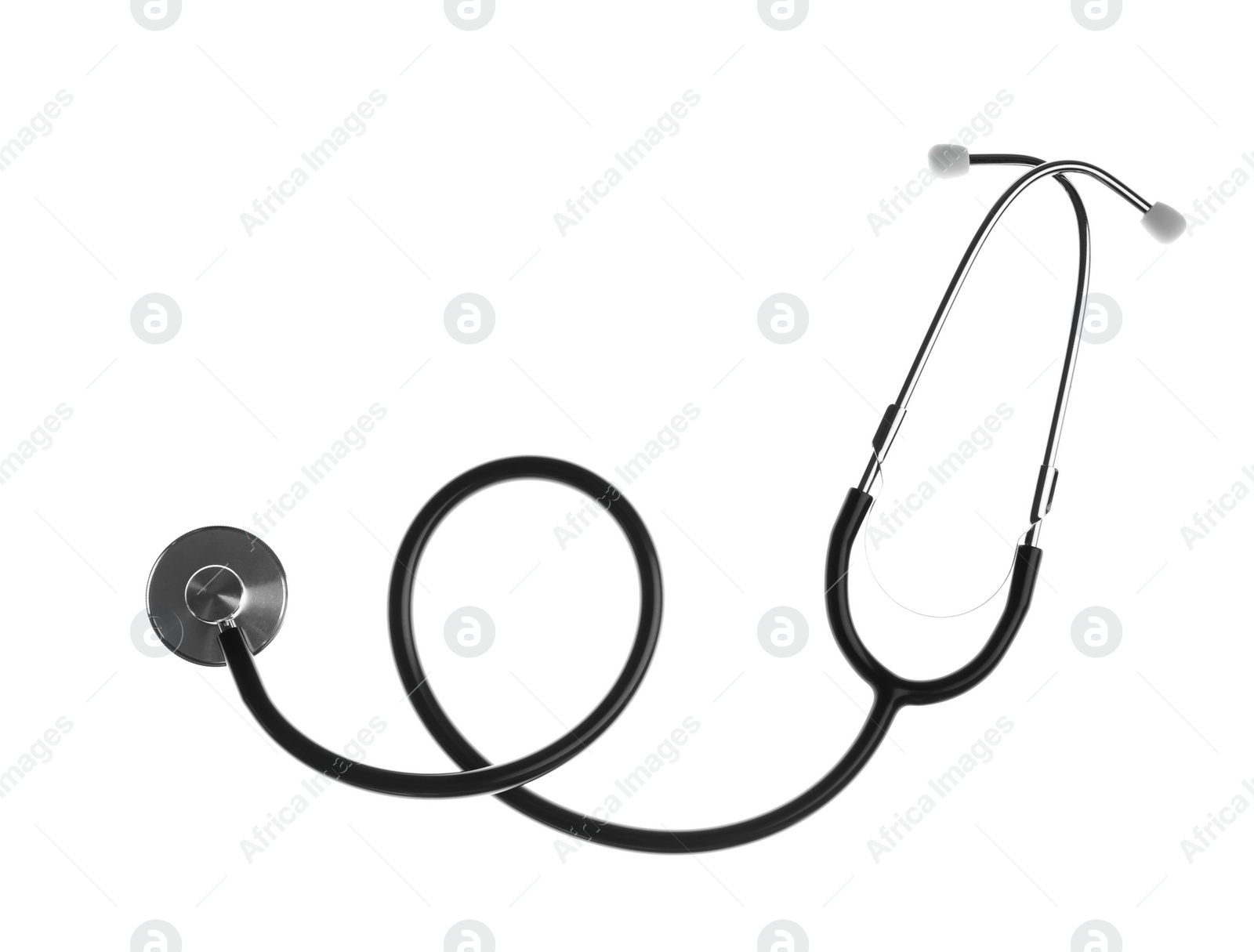 Photo of Stethoscope on white background, top view. Medical device