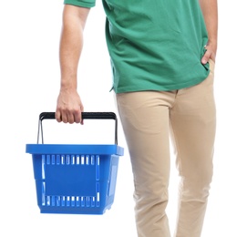 Man with empty shopping basket isolated on white, closeup