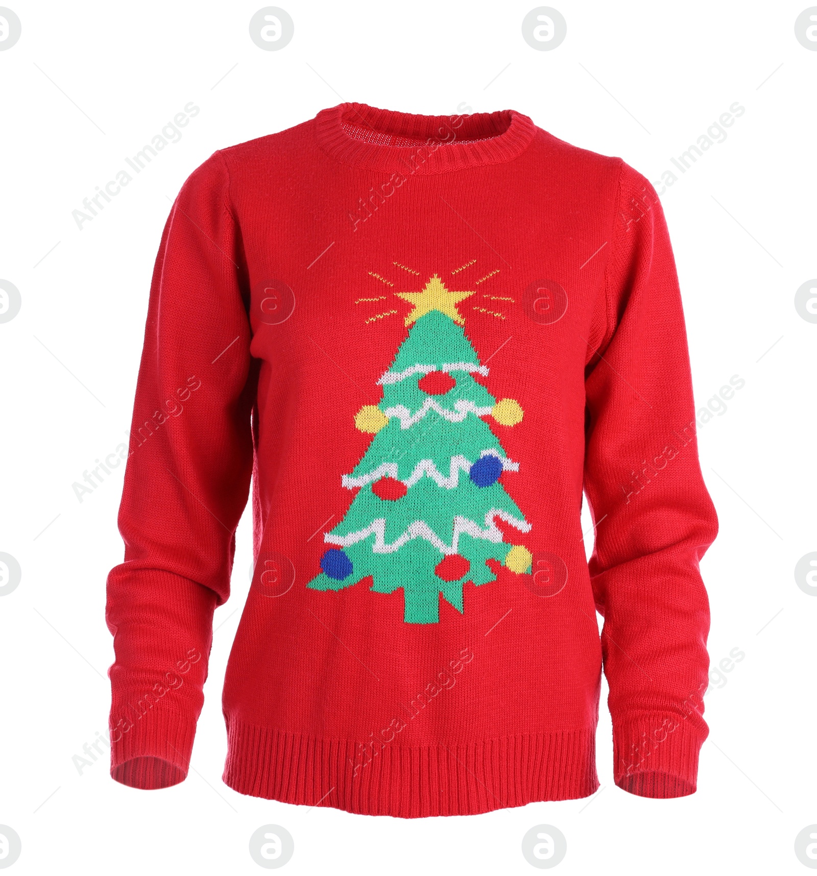 Photo of Warm Christmas sweater with decorated fir tree isolated on white