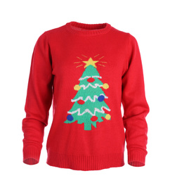 Photo of Warm Christmas sweater with decorated fir tree isolated on white