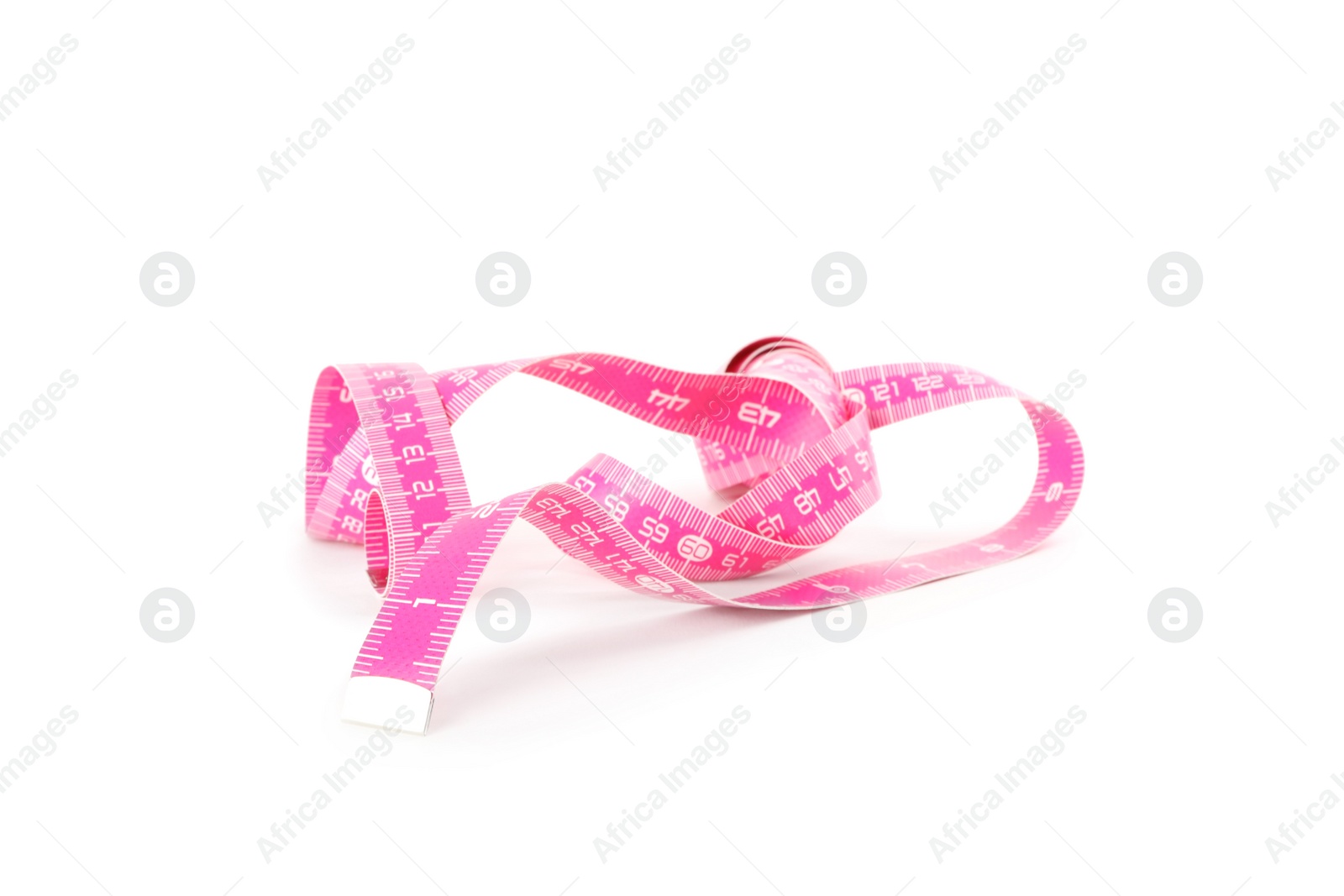 Photo of New pink measuring tape isolated on white