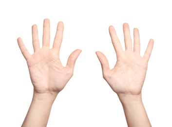 Photo of Woman showing sign ten on white background, closeup. Body language