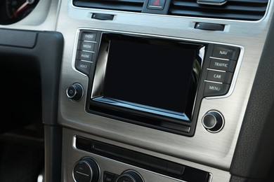 Photo of Closeup view of dashboard with vehicle audio in car
