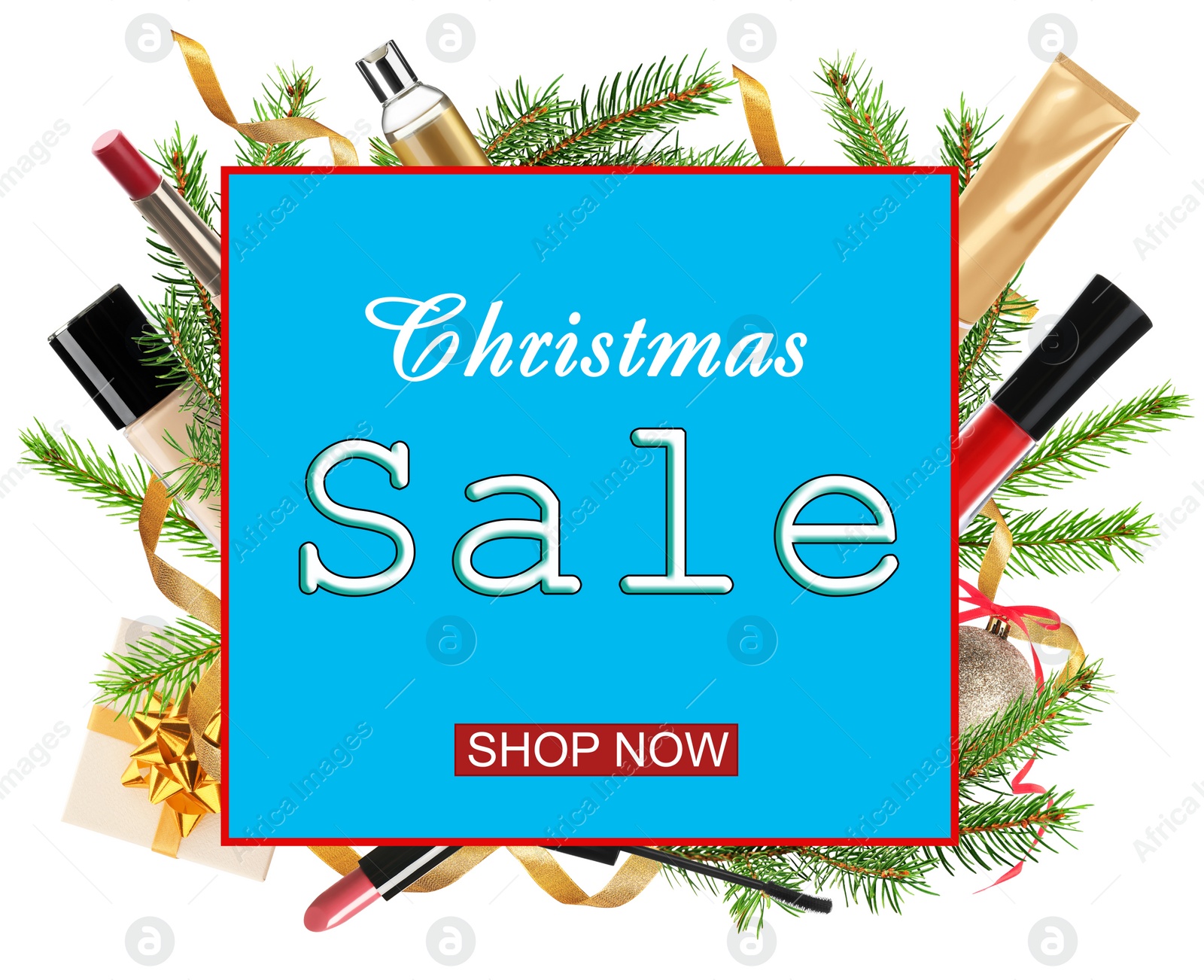 Image of Christmas sale ad with makeup products and decor