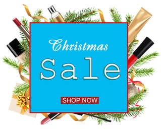 Christmas sale ad with makeup products and decor