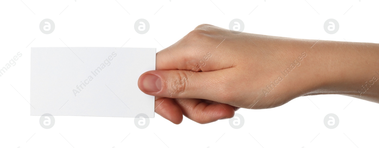 Photo of Woman holding blank business card on white background, closeup. Mockup for design