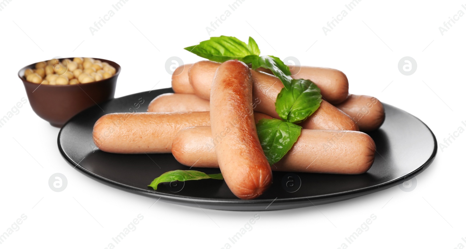 Photo of Delicious vegetarian sausages with basil and soybeans on white background