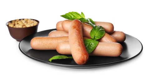 Delicious vegetarian sausages with basil and soybeans on white background