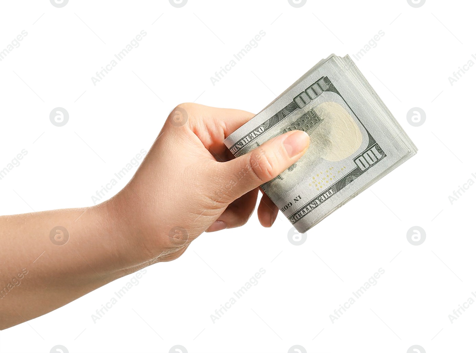 Photo of Money exchange. Woman holding dollar banknotes on white background, closeup