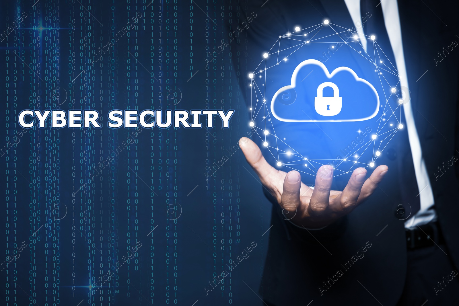 Image of Cyber security concept. Businessman demonstrating cloud with padlock illustration, closeup