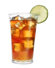 Photo of Glass of tasty iced tea with lime on white background