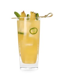Photo of Glass of tasty pineapple cocktail with sliced fruit, mint and chili pepper isolated on white