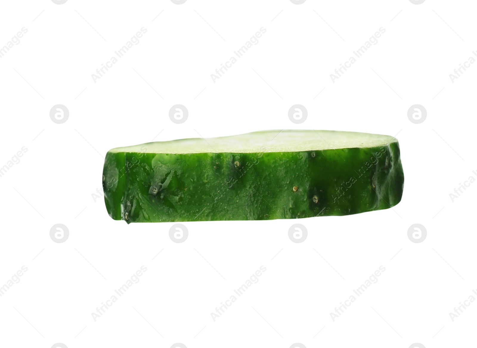 Photo of Slice of fresh cucumber on white background