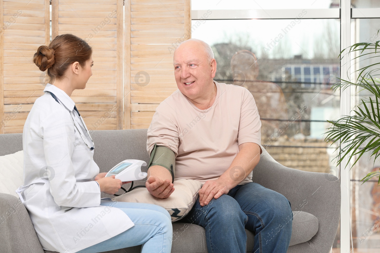 Photo of Nurse measuring blood pressure of elderly man in living room. Assisting senior generation