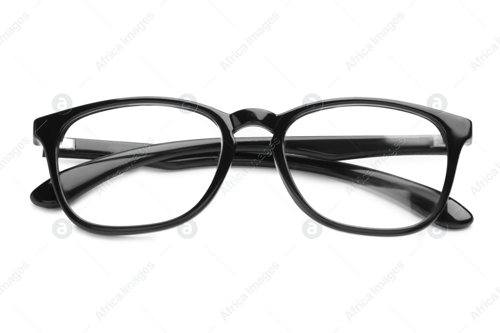 Photo of Stylish pair of glasses with black frame isolated on white