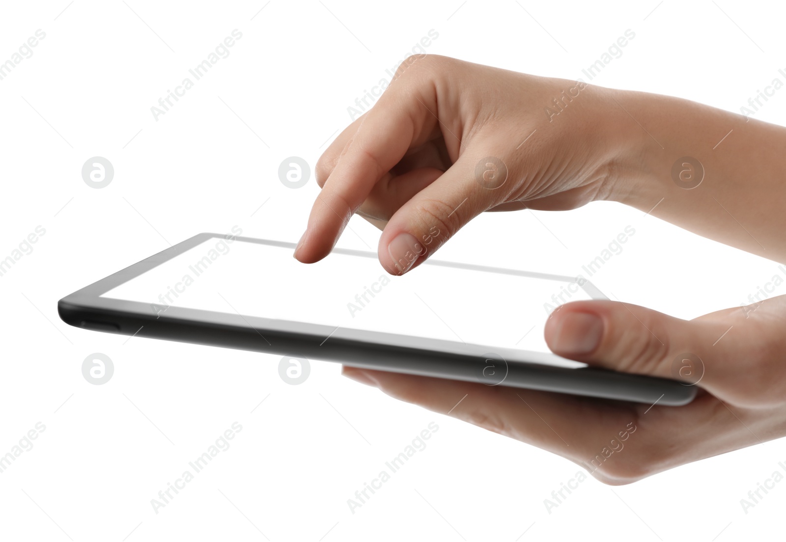 Photo of Woman using tablet computer with blank screen on white background, closeup. Modern gadget