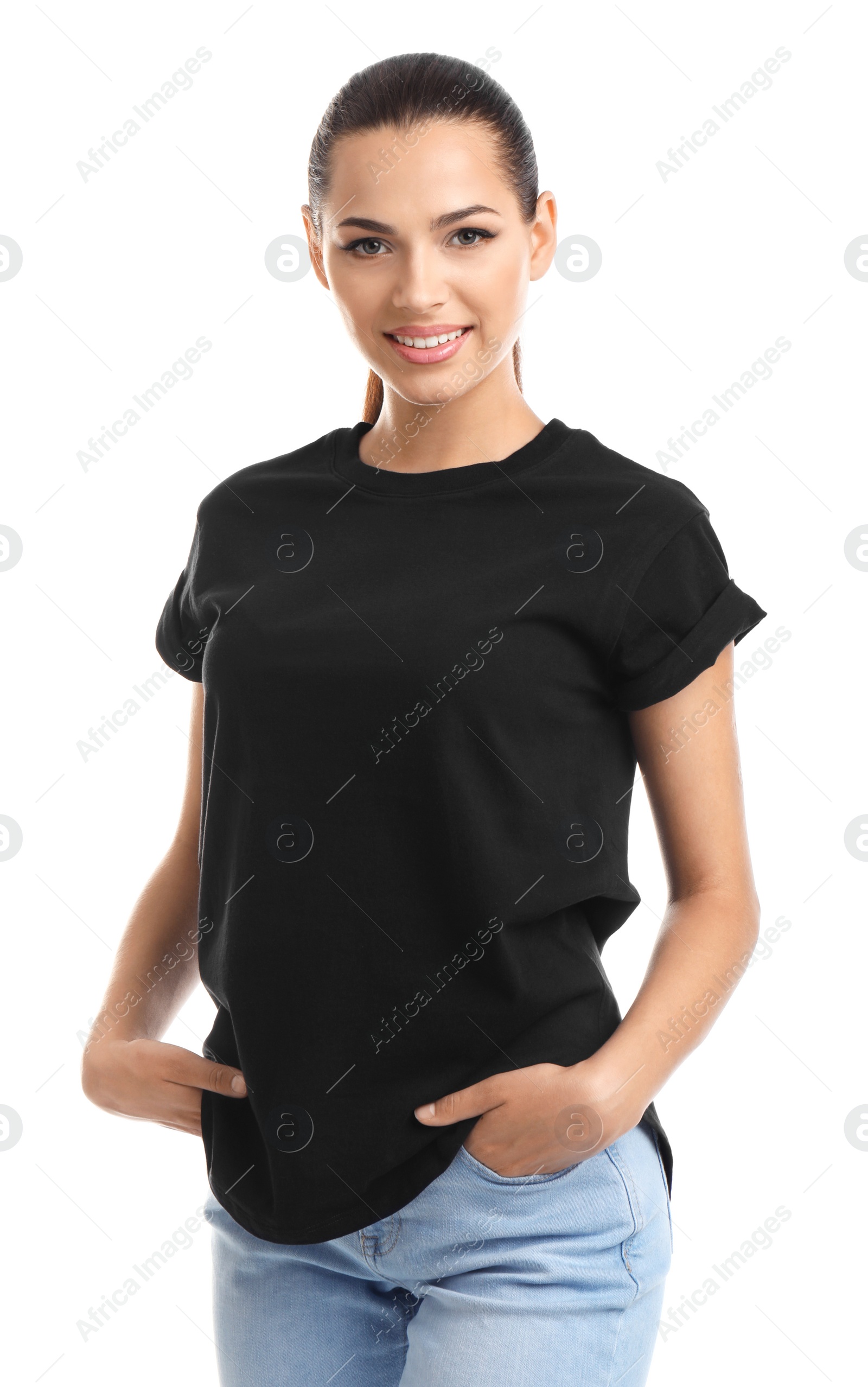 Photo of Young woman in t-shirt on white background. Mockup for design