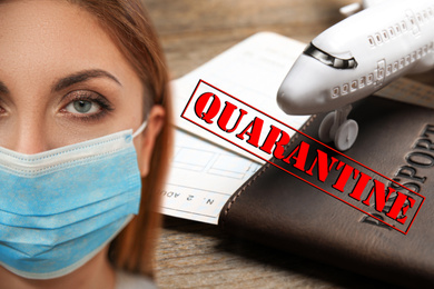 Image of Stop travelling during coronavirus quarantine. Woman with medical mask 
