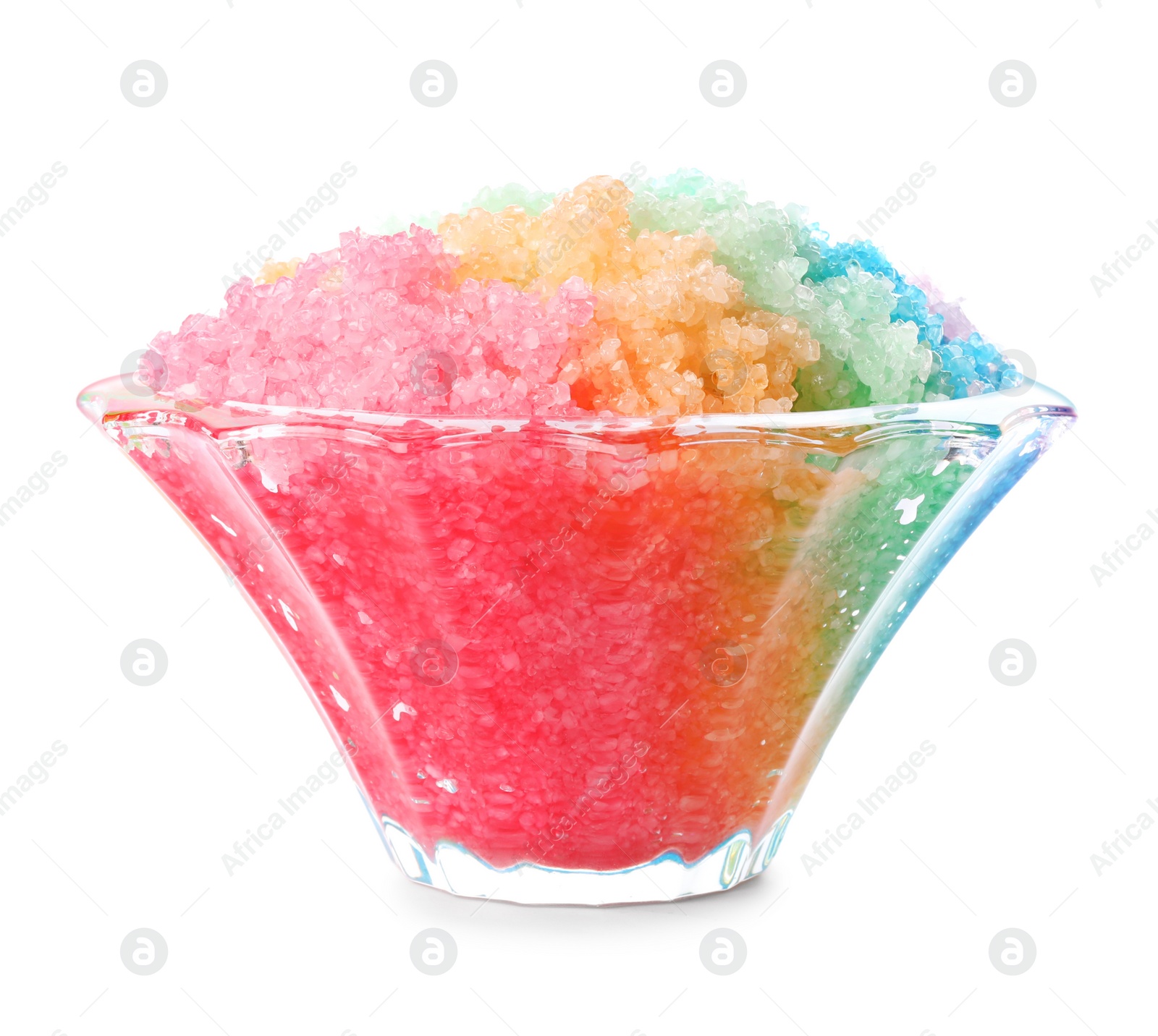 Photo of Rainbow shaving ice in glass dessert bowl isolated on white