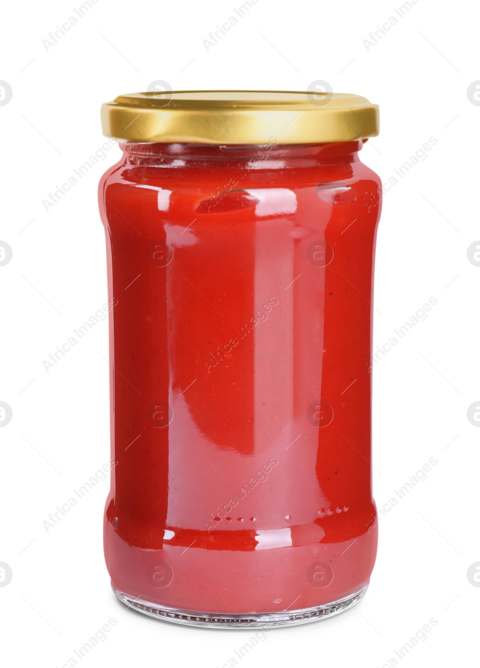 Photo of Tasty tomato sauce in glass jar isolated on white